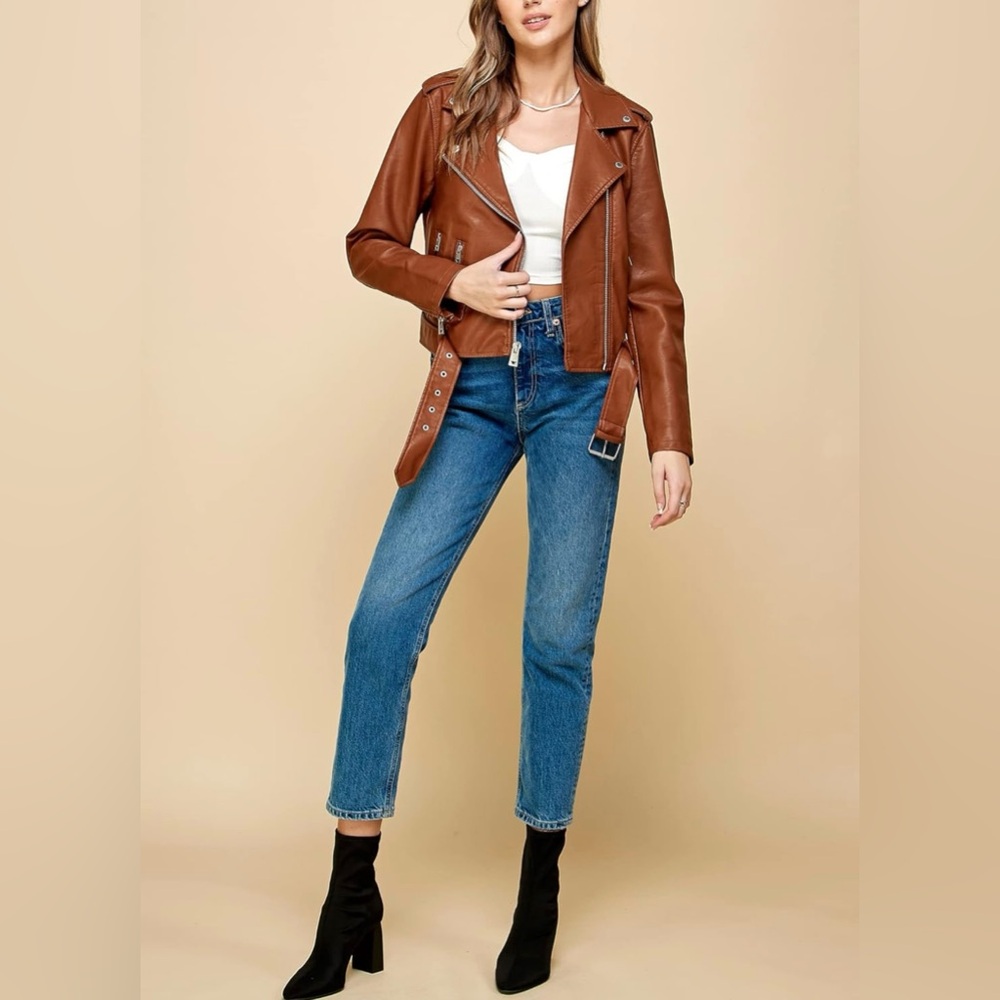 Faux Leather Zip Up Moto Biker Jacket -camel - Picture 5 of 7